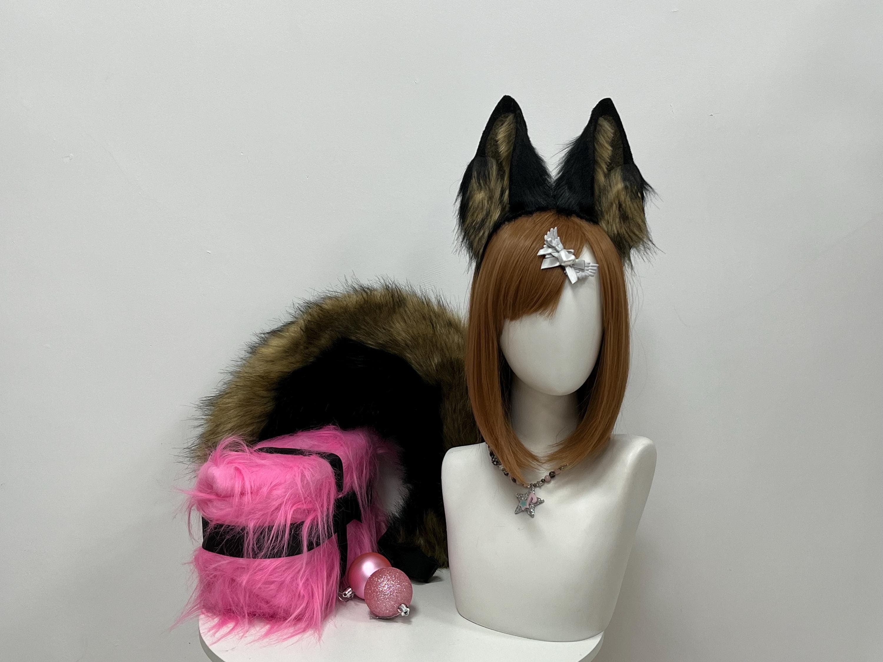 Olive mustard and black faux fur fox ears headband plus long bushy fox tail set front view displaying warm tawny wolf coloring with jet black tip detail, perfect for wild timber wolf kitsune kemonomimi cosplay costume anime convention. Realistic German shepherd inspired color mix olive khaki base with black accents creates natural woodland fox look ideal for Halloween furry fandom rave festival outfit. Lightweight slim headband all-day con wear. Handmade plush fox accessory cosplayer gift.