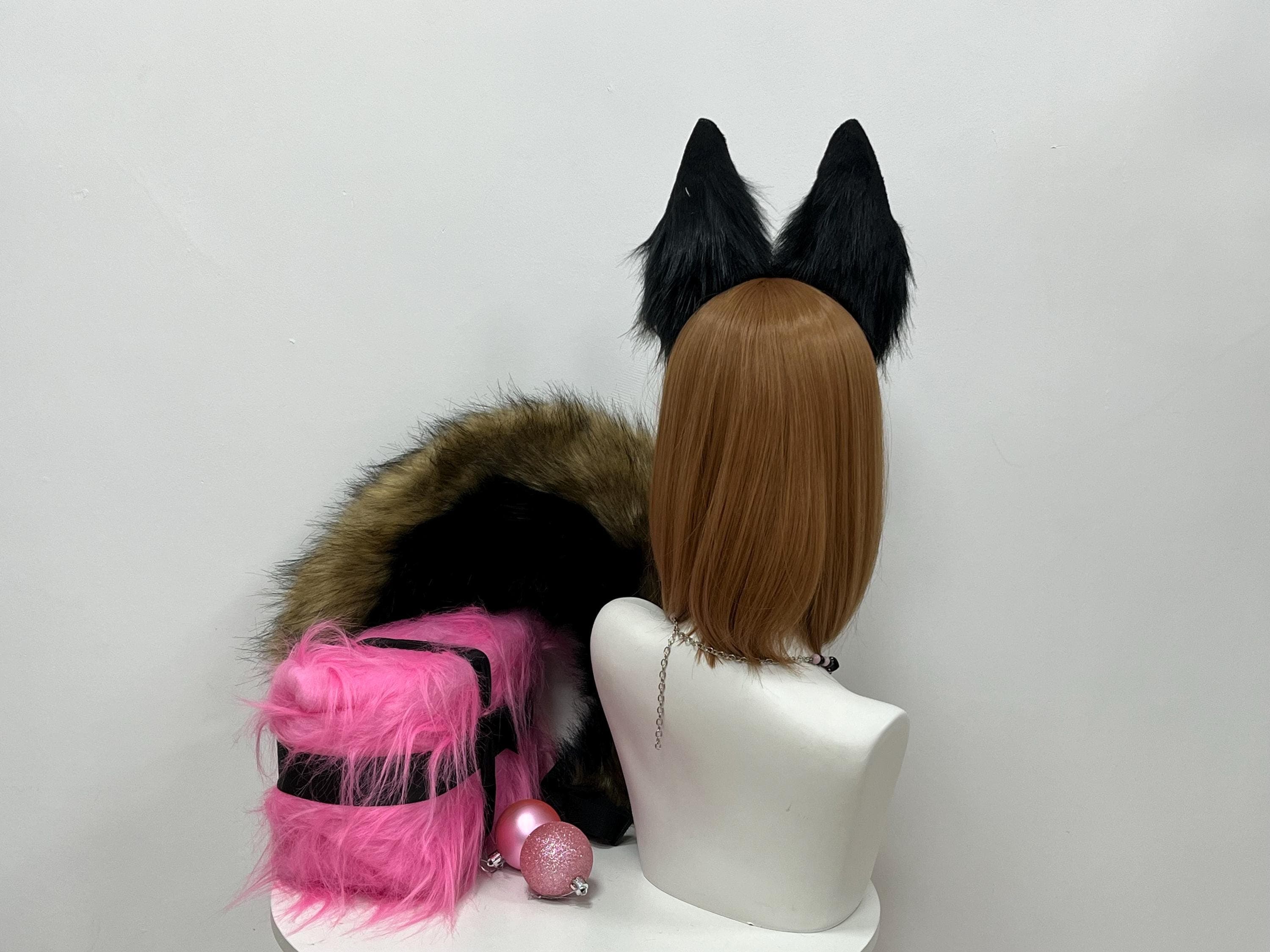 Back view olive mustard and black fox ears headband revealing solid jet black outer rear ear construction contrasting with the warm tawny olive fur seen from the front, realistic wild wolf kitsune cosplay accessory with natural woodland coloring. Handmade faux fur fox ears perfect for anime con kemonomimi Halloween costume furry fandom rave festival streetwear photoshoot. Slim headband disappears into hair natural look all-day wear cosplayer gift idea.