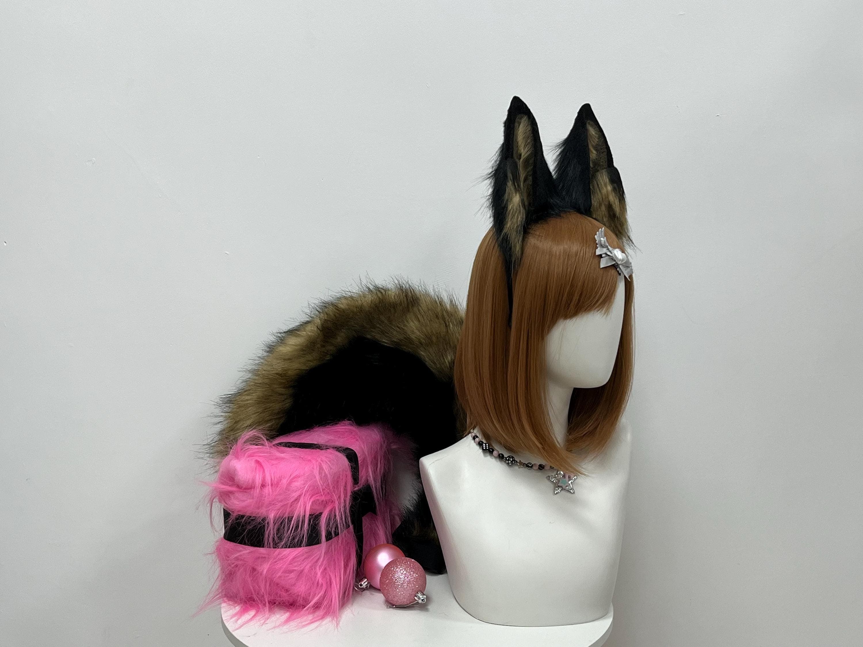 Angled front view olive mustard black fox ears headband plus bushy fox tail set displaying warm tawny olive faux fur with striking jet black tip detail, ideal for wild timber wolf kitsune kemonomimi anime cosplay builds. Handmade plush fox ear shape with natural woodland coloring perfect for furry convention Halloween costume rave festival streetwear photoshoot streaming content prop. Lightweight slim headband base all-day con wear thoughtful gift cosplayer anime lover.