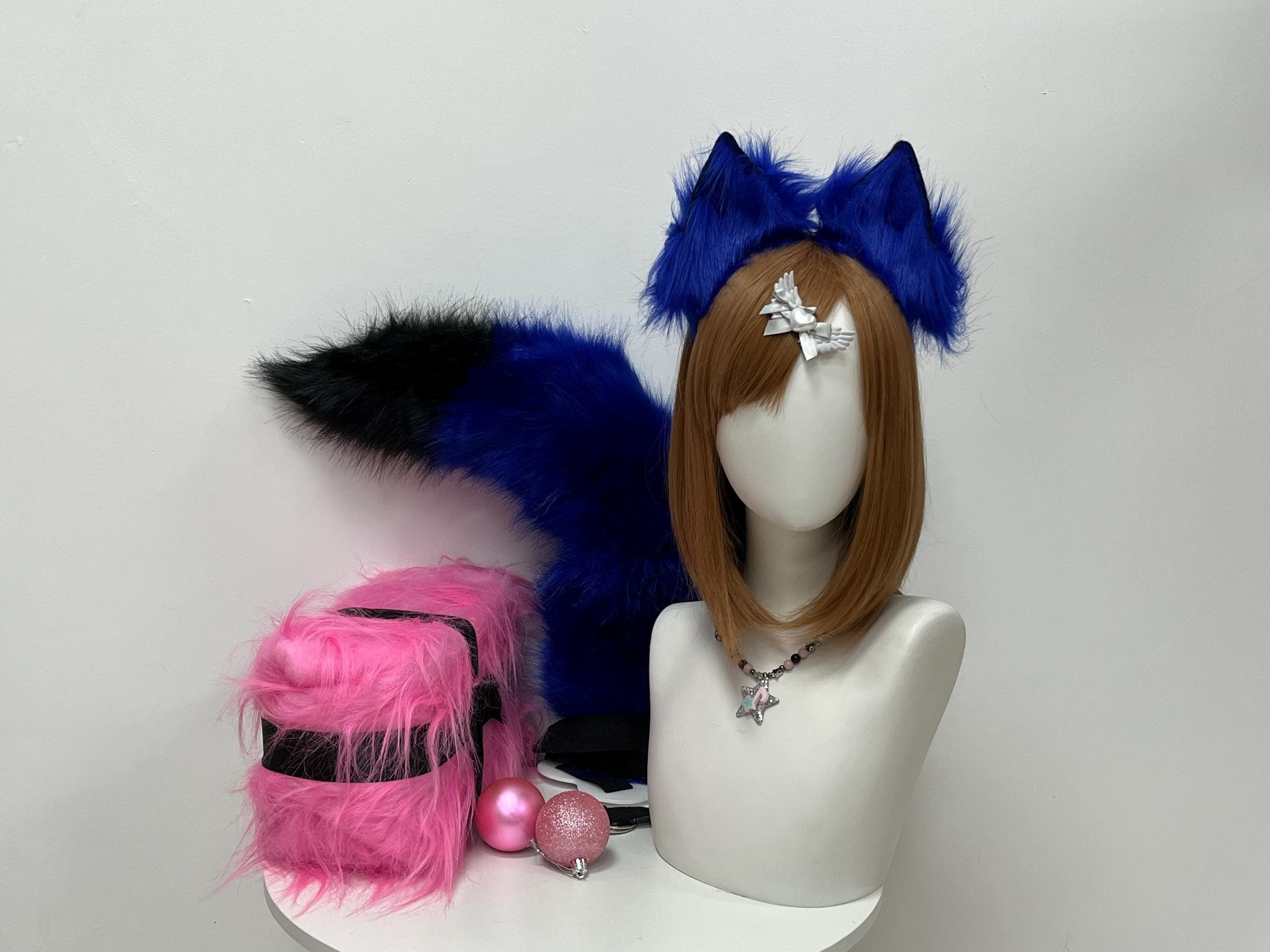 Handmade royal blue faux fur fox ears and tail set shown front view, featuring tall pointed fluffy cobalt ear shape with a long bushy tail tipped in jet black that curls naturally along the display. Perfect kemonomimi accessory for anime conventions, Halloween costume parties, furry fursona builds, kitsune roleplay, and LARP adventures. Super lightweight wire headband stays put all day and pairs with a matching poseable tail for full animal hybrid character cosplay looks.