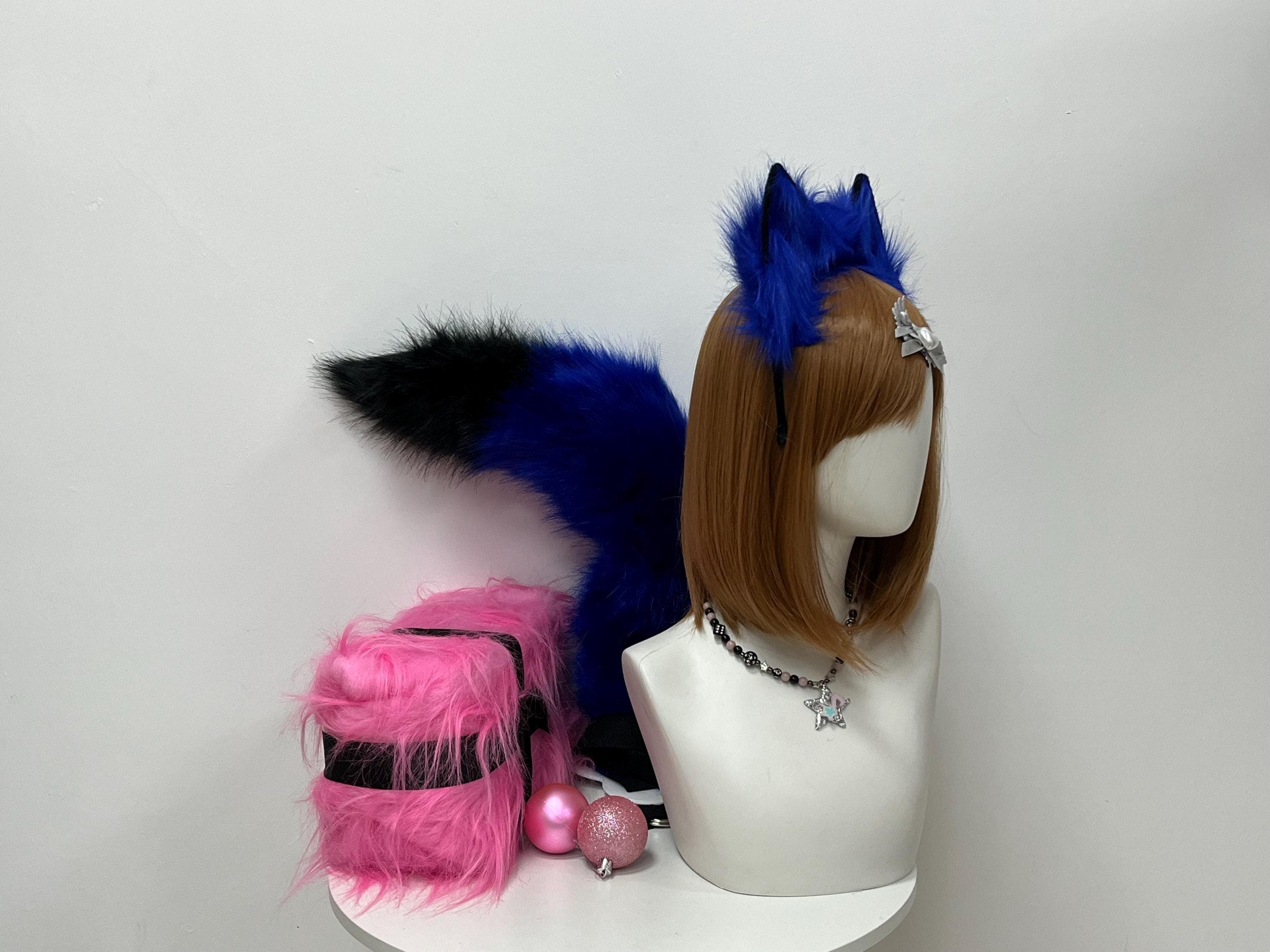 Side profile of the royal blue fox ear headband with full tail swoop visible, highlighting dense plush fur construction, black tipped tail accent, and how the whole set cohesively matches in tone. Shown ready for cosplayers planning a Halloween night out, a furry meetup photo op, a therian character reveal video, a cottagecore alt fashion fit, or an ocean storm spirit character shoot. Lightweight comfy build for hours of wear with zero headache pressure or ear droop.