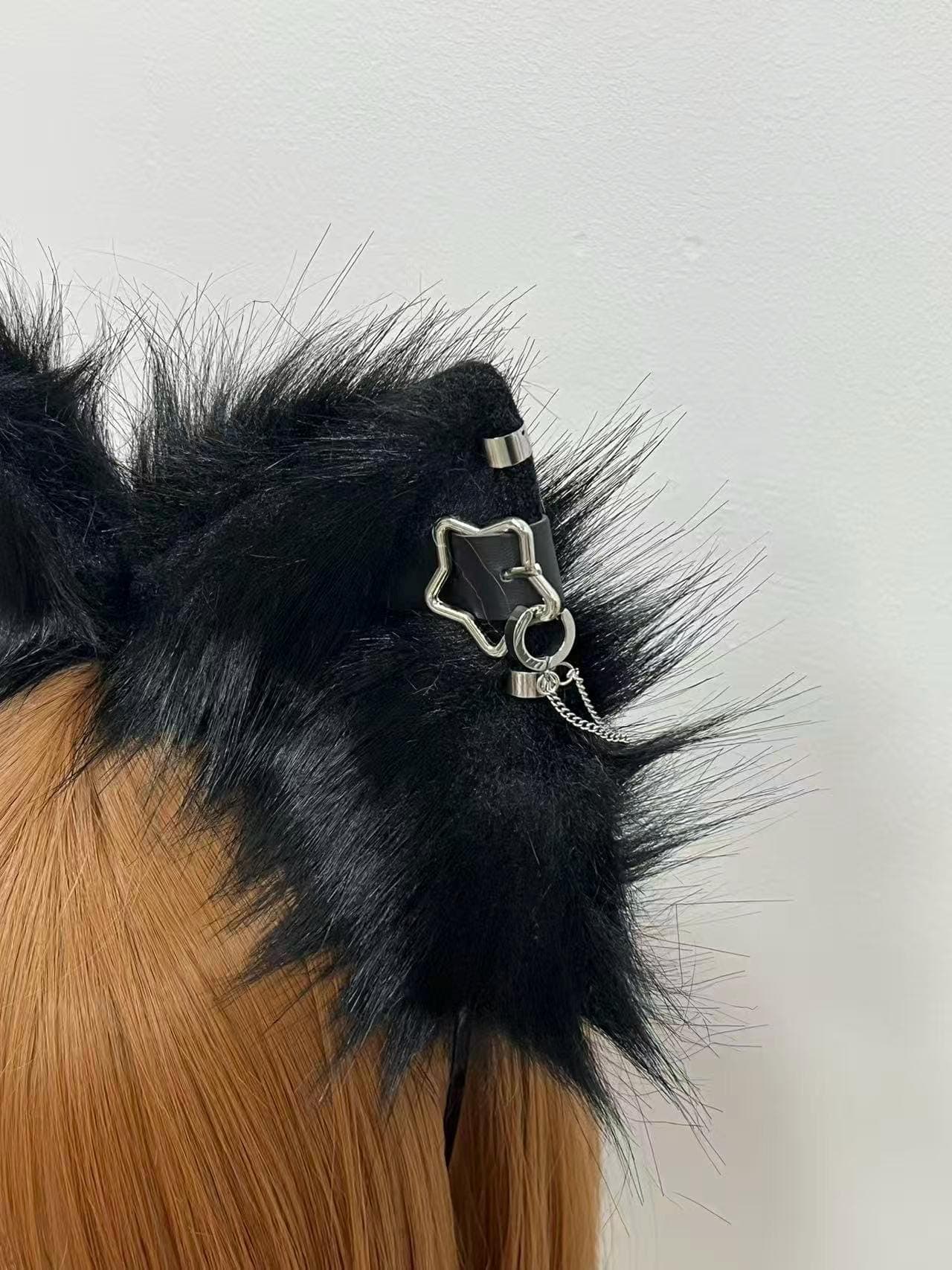 Detailed side macro view focused on the silver chain drop hanging from the star clasp piercing, showing polished metal links catching light against the ink black fur backdrop. Gives buyers a clear look at the chain weight, length, and natural swing when worn. Fantastic for cosplayers hunting dark fairy gear, occult witchcraft outfits, festival EDM kandi fits, synth wave performer looks, Y2K cybercore shoots, and kawaii meets rock accessories with real hardware, not paint or stickers.