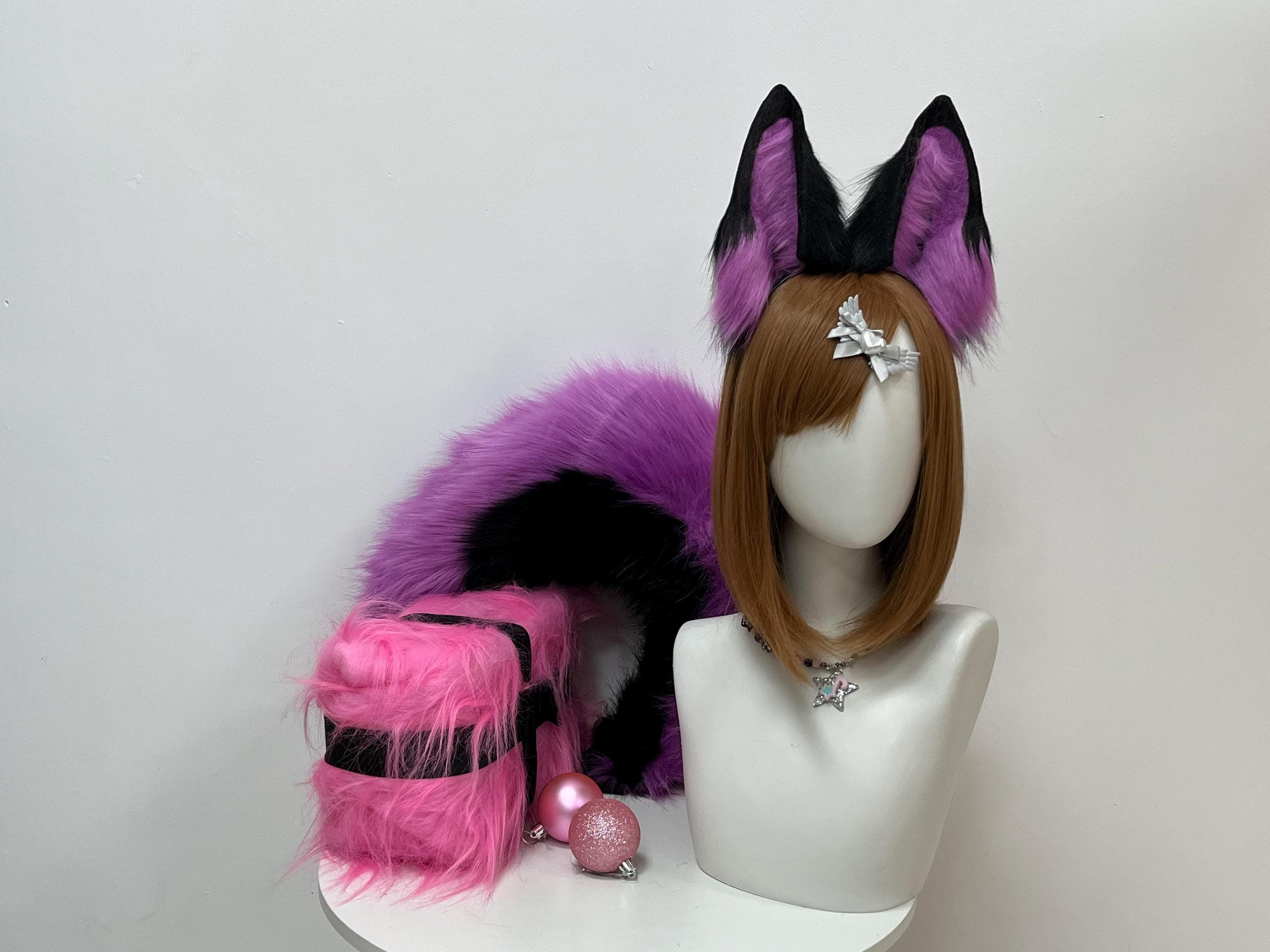 Realistic black and vibrant purple wolf ears headband shown front view, handmade faux fur cosplay accessory with obsidian outer fur and rich amethyst inner lining, perfect for furry cons, therian wear, kemonomimi looks, anime meetups, Halloween costumes, LARP events and Renaissance faires. Super lightweight pointed ears sit comfy for all day wear, channel your galaxy lupine or midnight spirit fursona. These headband pieces bring serious drama to any cosplay build or con debut.