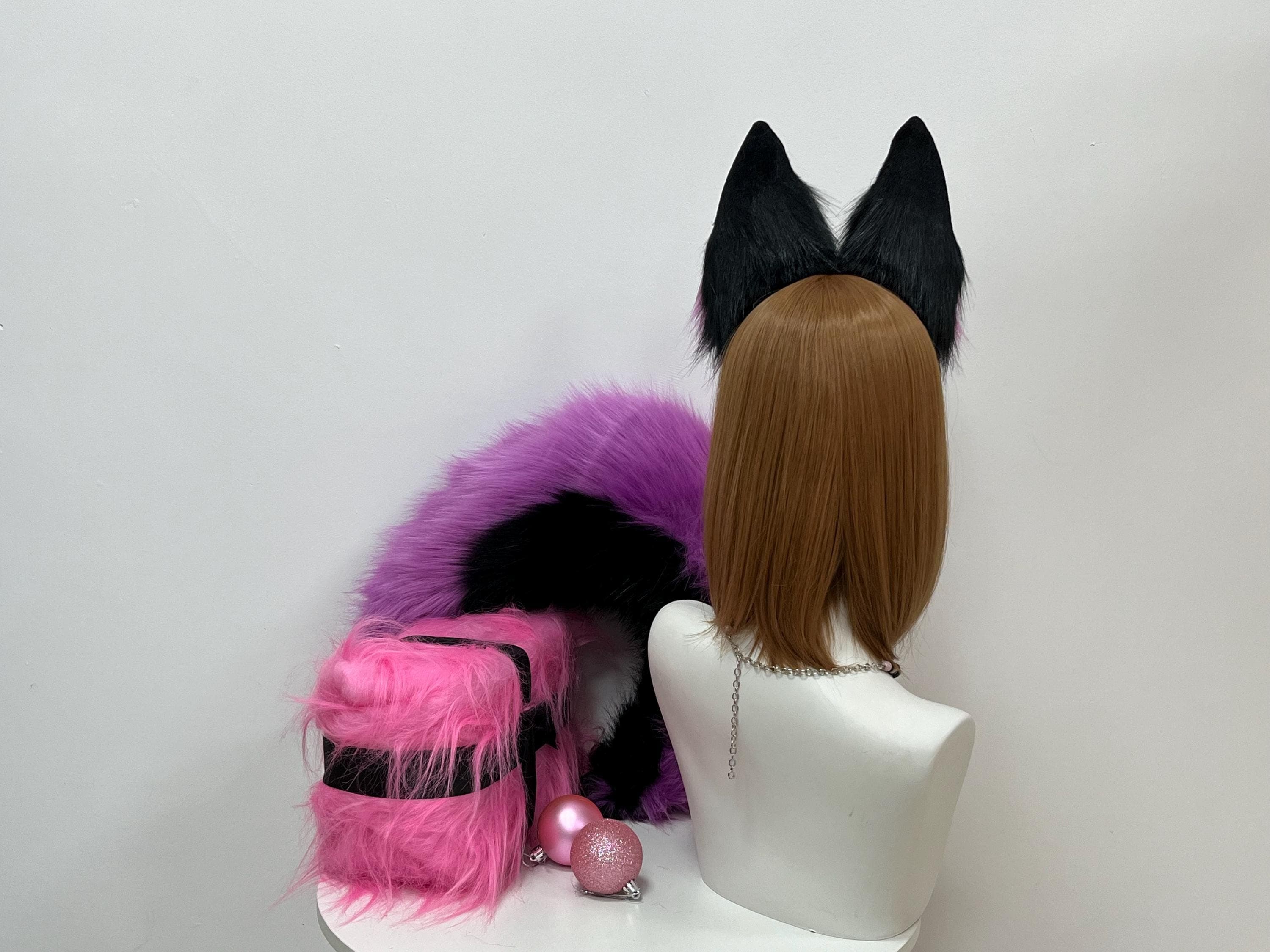 Cosplay wolf ears headband back view, fully obsidian black outer faux fur on realistic pointed accessory shaped to mimic a real canine silhouette, designed for furry fandom, therian community, anime convention cosplay and spooky Halloween looks. Super lightweight faux fur stays put through long con days, fur meets, LARP campaigns and photo sessions. Build a dark lupine, midnight fursona or timberwolf character with this handmade pointed ear headband accessory.