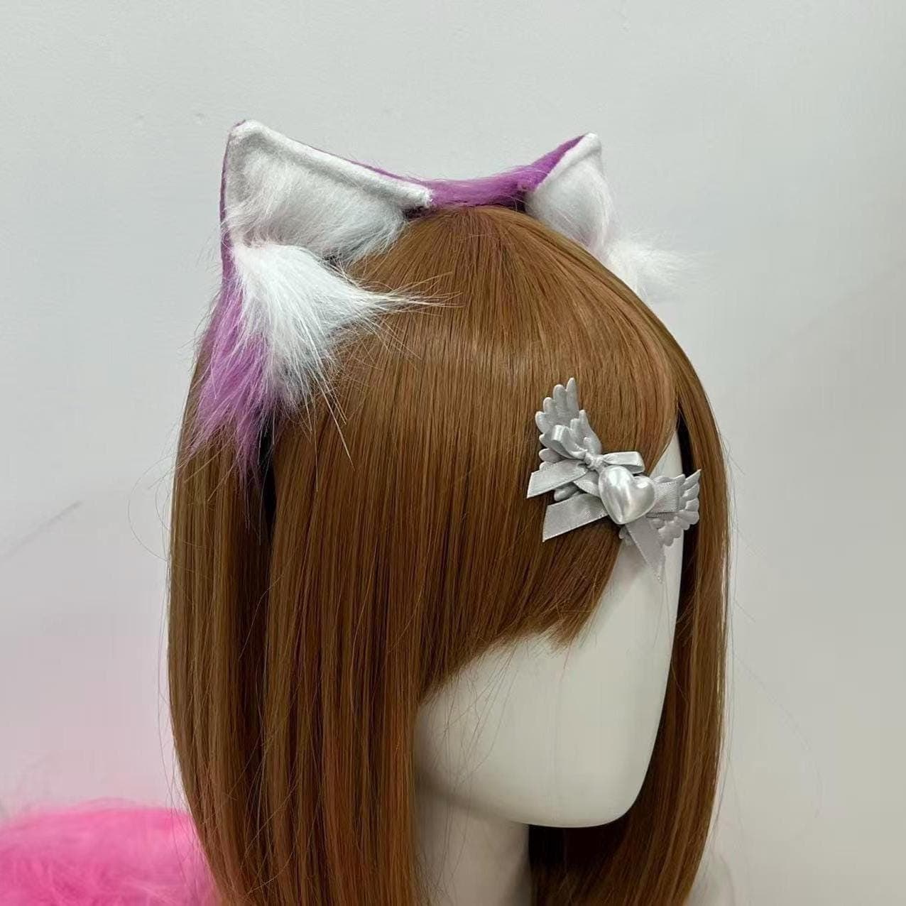 Three-quarter angle showcases the full sweep of these realistic wolf ears, violet outer fur meeting bright white inner tufts in a clean color gradient cosplayers love for dramatic lighting reveals. Handmade faux fur sits on a secure headband which holds pose through long outdoor photo sessions. Perfect wolfgirl accent for kawaii furry cosplay, midnight forest spirit builds, Halloween haunt nights, wolf therian selfies or Renaissance faire ranger fits.