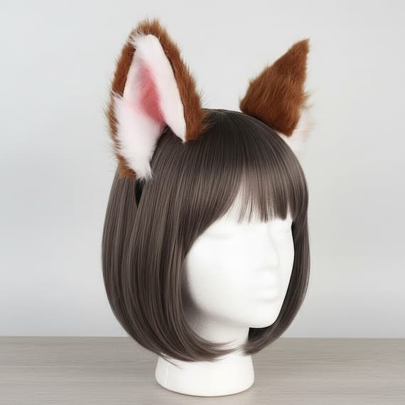Fox ear hair clips on mannequin head with dark brown wig three quarter angle view. Tall pointed brown faux fur fox ears with pink white inner ear detail clipped securely into hair showing side profile. Realistic fox kitsune ears cosplay accessory for halloween anime con therian kemonomimi festival rave