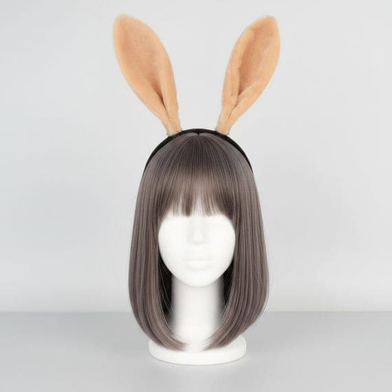 Plush bunny ears headband in warm camel tan brown displayed on a mannequin head with styled wig. Soft faux fur rabbit ears standing 18cm tall on a padded black headband designed for secure all-day comfort. Lightweight 49g cosplay accessory ideal for Halloween costumes, Easter bunny outfits, anime convention cosplay, themed birthday parties, dress-up play, and creative photo shoot props. Part of a five-color bunny ear headband collection including pink, grey, black, and white variations