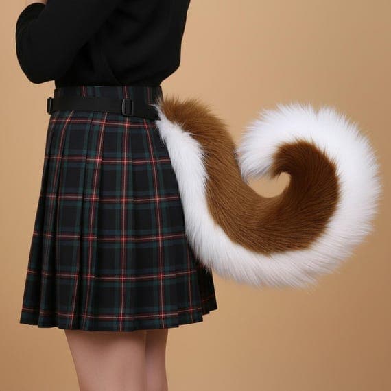 Side view of rich brown faux fur shiba inu curled tail worn at waist with adjustable black belt strap on plaid skirt showing realistic body proportions. Fluffy plush two-tone tail with brown fur on top and white fur on entire underside curling into tight spiral shape approximately 75cm long and 15cm curl diameter. Soft thick polyester faux fur shiba inu dog tail cosplay accessory therian furry costume prop for conventions Halloween anime costumes LARP. Warm beige studio background