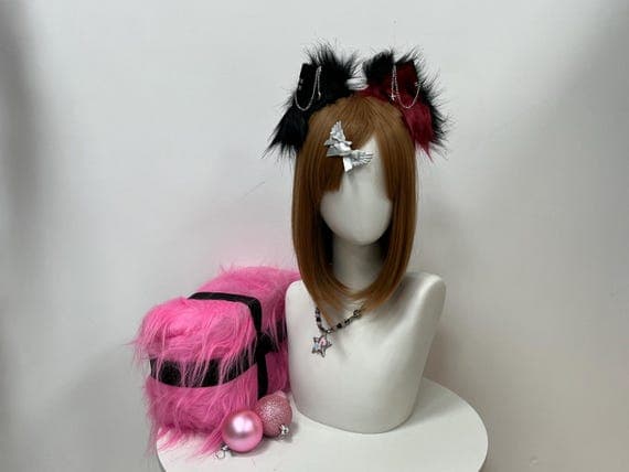 Soft red and black cat ears headband made from fluffy faux fur, perfect for cosplay, nekomimi, kemonomimi, kawaii outfits, kittenplay, pet play, anime cosplay, furry roleplay, Halloween, or costume sets. Lightweight, adjustable, and comfortable for adults, teens, and kids. Pair with matching tails, collars, clips, bells, or other cosplay accessories for a realistic and playful feline, kitsune, or animal-inspired look.