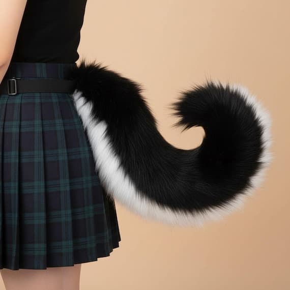 Side view of black faux fur shiba inu curled tail worn at waist with adjustable black belt strap on plaid skirt showing realistic body proportions. Fluffy plush two-tone tail with solid black fur on top and white fur on entire underside curling into tight spiral shape approximately 75cm long and 15cm curl diameter. Soft thick polyester faux fur shiba inu dog tail cosplay accessory therian furry costume prop for conventions Halloween anime costumes LARP. Warm beige studio background