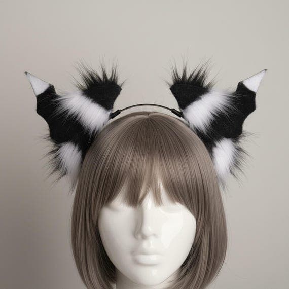 Black and white plush faux fur bat wing ears headband displayed on mannequin with grey brown bob wig. Fluffy oversized bat ears with black velvet bat wing shape and bright white fur accents and tufts on slim metal headband. Demon bat cosplay costume accessory for halloween anime con gothic dark fantasy therian furry meetup festival rave. Lightweight 40g plush animal ears headband one size fits most. Perfect for monochrome gothic vampire dark fairy cosplay