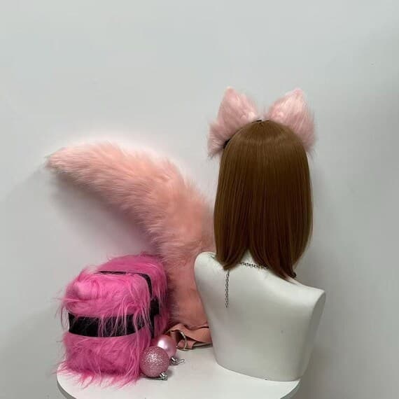 Fox Ears Peach color Faux Fur  Headband and Tail: Cosplay Costume Accessory - Image 2