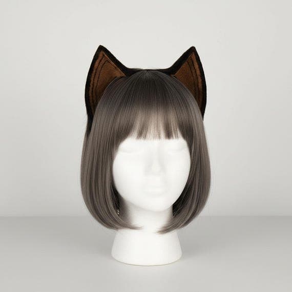 Wild cat beast ear headband on mannequin head with grey brown wig front angle view. Tall pointed faux fur ears with brown inner ear detail and black stripe markings on slim metal headband. Realistic wild cat neko ears cosplay accessory for halloween anime con therian kemonomimi festival rave