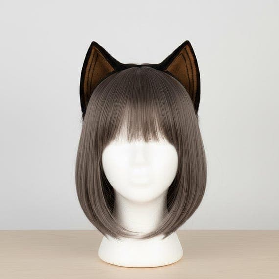 Wild cat beast ear headband on mannequin head with grey brown wig. Tall pointed faux fur ears with rich brown inner ear panels and black tabby stripe markings on slim metal headband. Long wispy black fur fringes at ear base. Realistic wild cat ears cosplay accessory for halloween anime con festival rave therian kemonomimi. Beast cat ear headband costume accessory