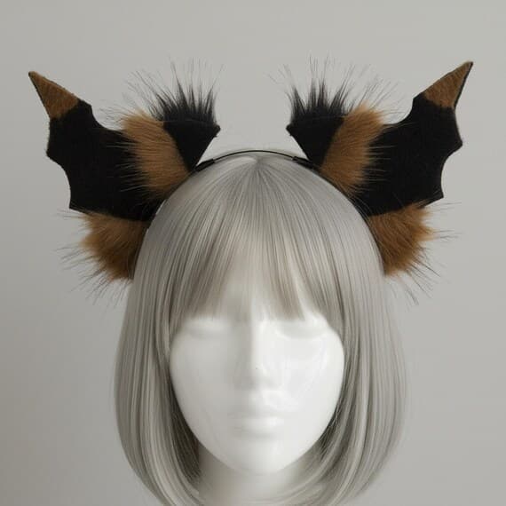 Black and brown plush faux fur bat wing ears headband displayed on mannequin with ash blonde bob wig. Fluffy oversized bat ears with black velvet bat wing shape and warm tawny brown fur accents and tufts on slim metal headband. Demon bat cosplay costume accessory for halloween anime con gothic dark fantasy therian furry meetup festival rave. Lightweight 40g plush animal ears headband one size fits most. Perfect for natural realistic bat ears creature cosplay
