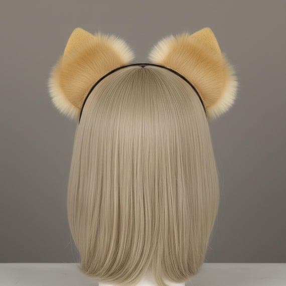 Back view of puppy ears headband showing golden tan faux fur Shiba Inu dog ears from behind on mannequin with ash blonde wig, slim black metal headband visible over hair showing how band sits naturally when worn, fluffy realistic furry dog ears rear angle showing dense fur volume cream white tufts and plush animal ear shape from back of head