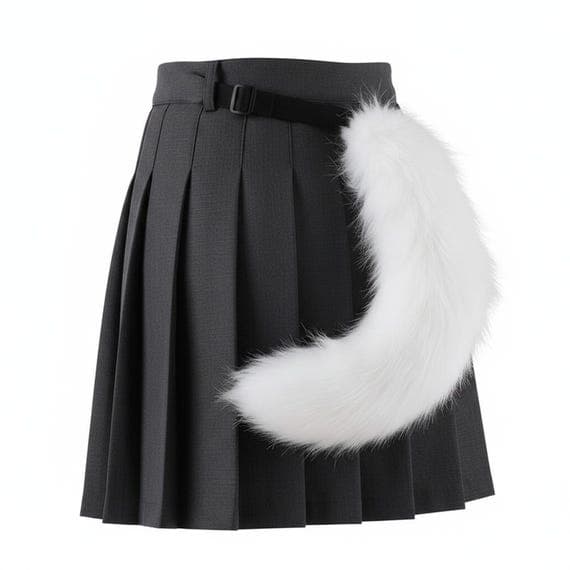 Side view of white faux fur wolf tail worn on mannequin body with pleated dark gray skirt. Pure white fluffy plush wolf tail attached at waist with adjustable black belt strap and buckle visible. Arctic white fur curves naturally. Animal costume cosplay accessory wolf costume halloween convention prop. Studio photo on neutral background.