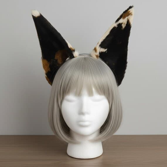 Yellow brown calico spotted dog ear headband on mannequin head with ash blonde wig. Tall pointed plush ears with tortoiseshell-like brown black and cream spotted pattern on slim metal headband. Realistic wild dog ears cosplay accessory for halloween anime con therian kemonomimi.