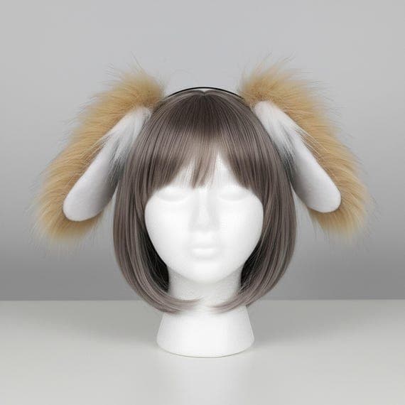 Floppy dog ear headband in camel brown and white faux fur on slim black metal headband, oversized droopy puppy ears displayed on mannequin with muted ash grey brown wig, front view showing elongated teardrop shaped ears with smooth white plush inner panels and long camel wispy fur fringes hanging past jawline, droopy spaniel style dog ears cosplay headband against neutral grey studio background