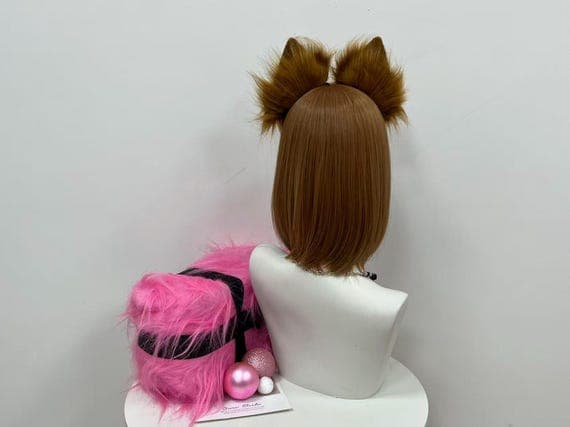 Side view of brown wolf ears on headband, faux fur animal ears for cosplay, Halloween, or party wear