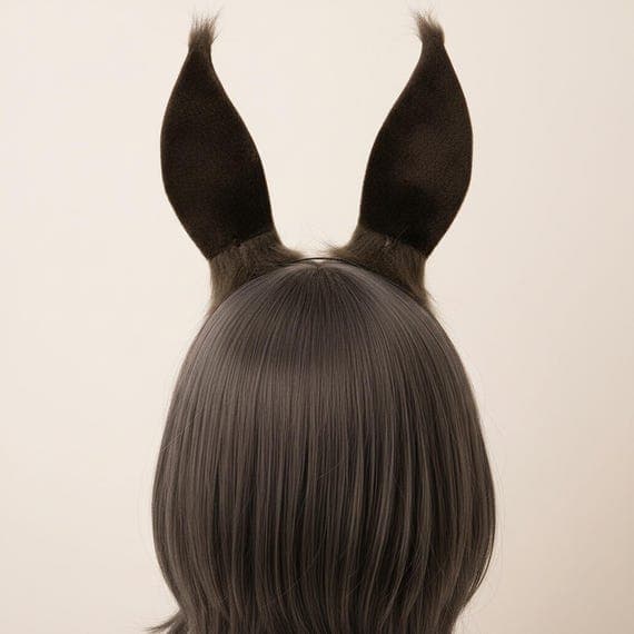 Rear view of anime rabbit ears headband on mannequin head with dark brown wig showing the back of pointed faux fur bunny ears with two-tone coloring visible from behind and slim metal headband across back of head. Wispy fur tufts at ear tips and flowing fur fringes at base visible in profile. Japanese anime inspired cosplay accessory for Halloween costumes, anime conventions, themed dress-up events, photo shoots, and costume party styling. Available in brown-pink and black-white color variants