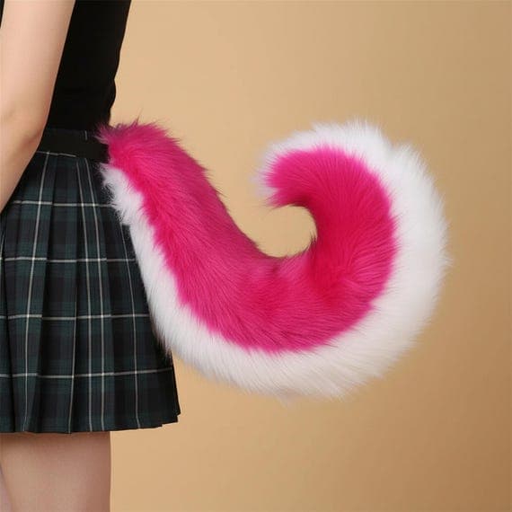 Side view of forest green faux fur shiba inu curled tail worn at waist with adjustable belt strap on plaid skirt. Fluffy plush two-tone tail with deep green fur on top and white fur on underside curling into tight spiral shape. Fantasy shiba inu dog tail cosplay accessory costume prop realistically proportioned against human body showing full 75cm length and 15cm curl diameter. Warm beige studio background.