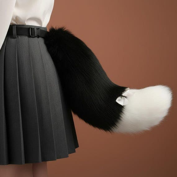 Side view of white and black two-tone faux fur fox tail clipped at waist on dark pleated skirt showing gentle C-curve shape with fluffy black body and pure white colored tip with decorative white satin ribbon bow at color junction. Fox tail cosplay costume accessory kitsune therian prop on warm beige studio background. Plush polyester faux fur fox tail with adjustable belt strap for cosplay conventions anime halloween festivals. Bold white and black fox tail prop.