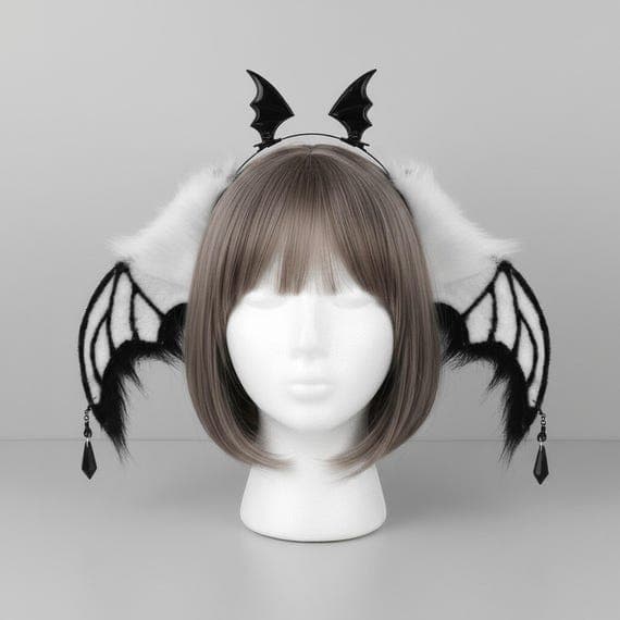 Plush bat ears headband in white and black faux fur on slim metal headband displayed on mannequin with grey brown wig, front view showing oversized bat wing ears with white embroidered wing vein membrane panels and black fur fringes, two PU leather bat wings at crown, black crystal pendants at ear tips, bat wing headband gothic demon ears cosplay halloween costume against neutral grey studio background