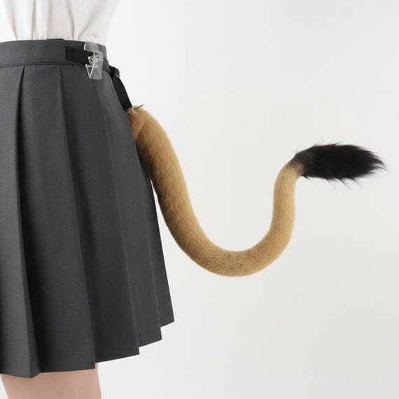 Back view of tawny brown faux fur lion tail worn on mannequin body showing how the fluffy tail hangs naturally from adjustable black belt strap. Full tail length visible from belt attachment point down to dark brown black tuft tip. Tawny brown fur body with dramatic fluffy tuft end. Animal costume safari outfit stage costume performance costume theatrical role play dress up accessories party animal jungle themed party convention. Professional studio product photograph on neutral grey background.