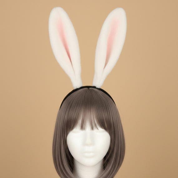 Classic plush rabbit ears headband in elegant white with realistic pink inner ear lining displayed on a mannequin head with styled wig. Extra tall 24cm dense fluffy faux fur bunny ears on a padded black headband weighing 65g. Lifelike two-tone rabbit costume accessory with thick plush texture perfect for Easter bunny costumes, Halloween outfits, cosplay conventions, anime events, themed parties, photo shoots, and dress-up play. Also available in black, grey, and solid pink color options