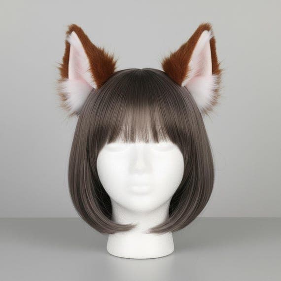 Fox ear hair clips close up front view on mannequin head with dark brown wig. Detailed view of tall pointed brown faux fur fox ears with pink white fluffy inner ear panels and soft fur texture. Kitsune fox ears cosplay hair clips detail shot showing fur quality and ear shape for anime con halloween festival