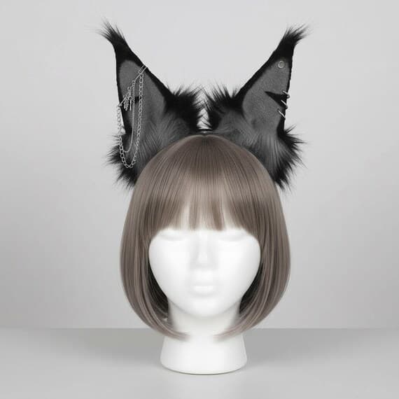 Gray and black punk wolf ear headband with silver chain and metal piercings on mannequin head. Plush faux fur wolf dog ears with silver gray inner fur and black outer fur. Gothic punk cosplay headband for halloween anime con festival rave therian.