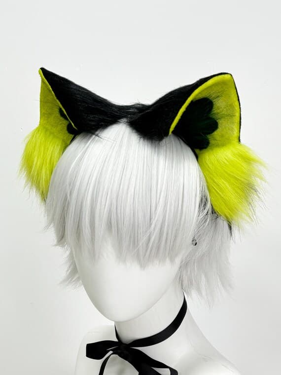 Bright neon yellow lime faux fur cat ears headband on clean white background product photo showing fluorescent yellow-green color detail perfect for festival cosplay accessories. Front view displays vibrant electric yellow outer fur, dark olive green inner ears, fluffy bright yellow tufts, all mounted on slim comfortable black headband. Ideal for rave EDM festival outfits, anime convention cosplay, catgirl neko builds, Halloween costumes, therian kemonomimi furry meetups, streaming content props