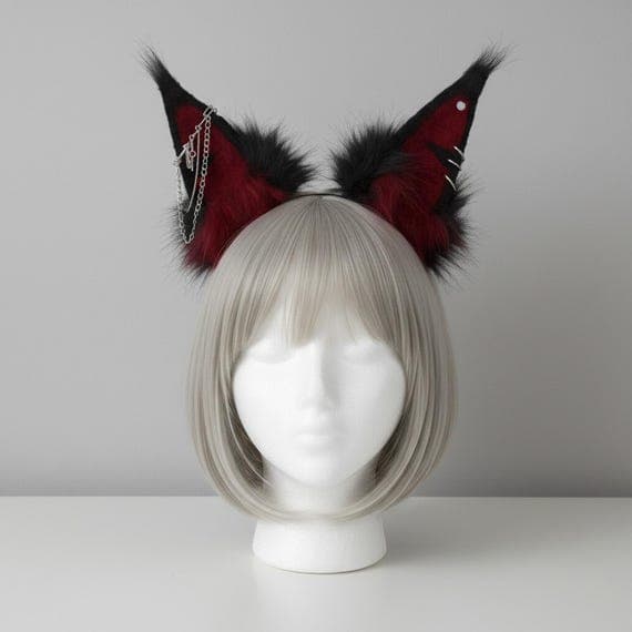 Red and black punk wolf ear headband with silver chain drape and metal spike piercings on mannequin head. Oversized plush faux fur wolf dog ears with crimson red inner fur and black outer fur on slim metal headband. Gothic punk cosplay accessory for halloween anime con festival rave therian.