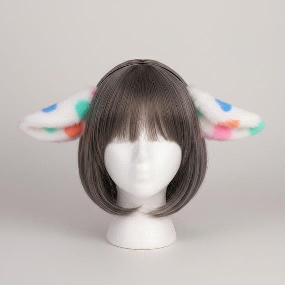 Plush sheep ear headband in bright white with vivid rainbow polka dots including blue, green, pink, and orange spots on crisp white faux fur. Displayed on a styrofoam mannequin head. Oversized floppy lamb ears droop outward on a slim black metal headband. Furry costume ears for cosplay, therian meetups, farm themed parties, and Halloween. One size fits most.