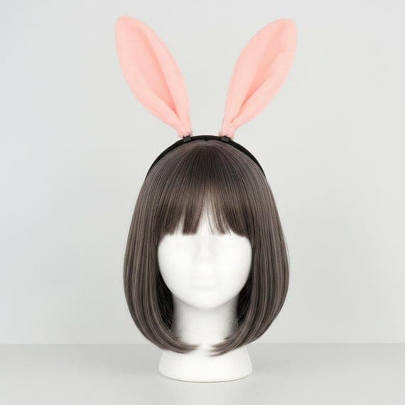 Premium plush bunny ears headband in vibrant pink displayed on a mannequin head with styled wig. Soft faux fur rabbit ears standing 18cm tall on a comfortable padded black headband designed for all-day wear. Lightweight 49g cosplay costume accessory perfect for Halloween parties, Easter celebrations, anime conventions, birthday dress-up events, themed photo shoots, and festival outfits. Available in five beautiful colors including pink, camel, grey, black, and white bunny ear headband styles