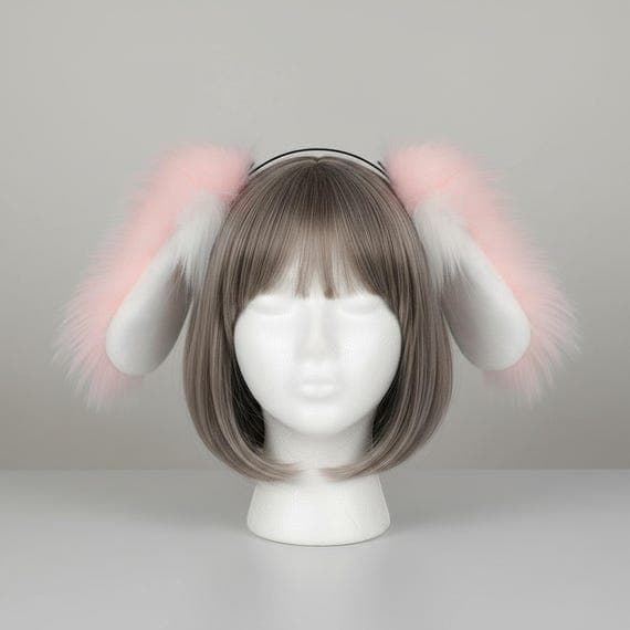 Floppy dog ear headband in pink and white faux fur on slim black metal headband, oversized droopy puppy ears displayed on mannequin with espresso brown wig, front view showing elongated teardrop shaped ears with smooth white plush inner panels and long pink wispy fur fringes hanging past jawline, droopy spaniel style dog ears cosplay headband against neutral grey studio background