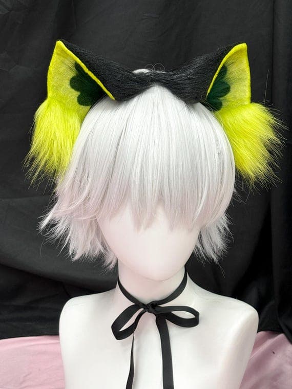 Lime yellow neon cat ears headband front view cosplay photo showing bright electric yellow fluorescent faux fur with dark olive-green inner ear accents and neon yellow tufts perfect for rave festival anime con Halloween costume. Realistic cat ear shape sits naturally on slim black headband, lightweight comfortable for all-day convention wear. Vibrant yellow-green color pops in photos, ideal for neko catgirl kemonomimi therian furry cosplay builds, streaming content creation, EDM festival outfits