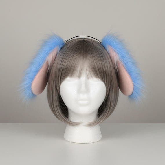 Floppy dog ear headband in blue and pink faux fur on slim black metal headband, oversized droopy puppy ears displayed on mannequin with chestnut brown wig, front view showing elongated teardrop shaped ears with smooth pink plush inner panels and long blue wispy fur fringes hanging past jawline, droopy spaniel style dog ears cosplay headband against neutral grey studio background
