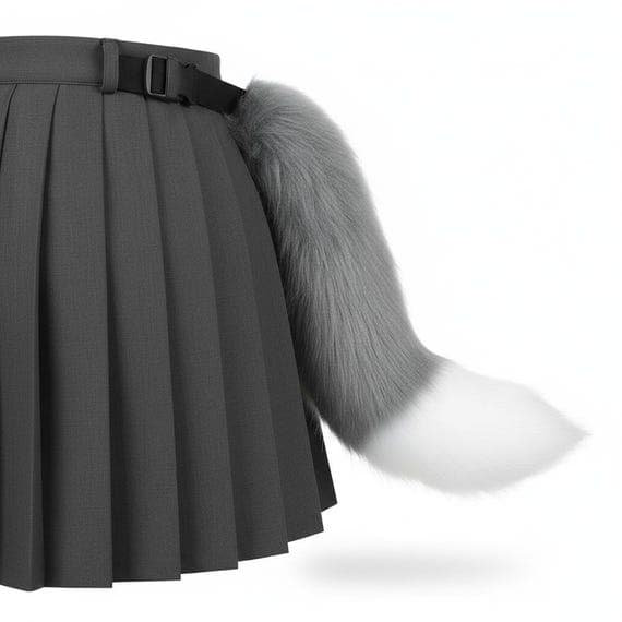 Side view of gray faux fur wolf tail worn on mannequin body with pleated dark gray skirt. Soft plush gray wolf tail with white tip attached at waist with adjustable black belt strap. Tail hangs naturally showing gray to white gradient fur. Animal costume cosplay accessory wolf costume convention prop. Studio photo on neutral background.