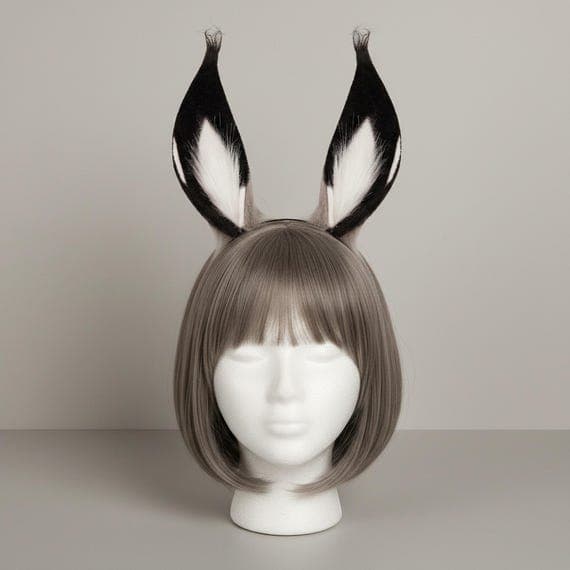 Anime-style rabbit ears headband in striking black and white displayed on a mannequin head with styled wig. Pointed faux fur bunny ears with jet black outer and crisp white inner coloring featuring wispy decorative fur tufts at the ear tips and flowing fur fringes cascading from the base. Japanese anime inspired cosplay costume accessory on a slim metal headband. Ideal for anime conventions, Halloween costumes, cosplay events, themed parties, photo shoots, and dramatic costume styling occasions