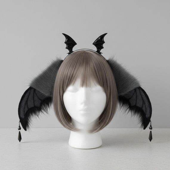 Plush bat ears headband in gray and black faux fur on slim metal headband displayed on mannequin with grey brown wig, front view showing oversized bat wing ears with gray embroidered wing vein membrane panels and black fur fringes, two PU leather bat wings at crown, black crystal pendants at ear tips, plush bat ears demon ears cosplay gothic halloween headband against neutral grey studio background