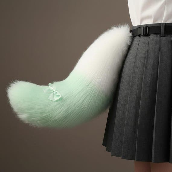 Side view of mint green and white two-tone faux fur fox tail clipped at waist on dark pleated skirt showing gentle C-curve shape with fluffy white body and mint green colored tip with decorative green satin ribbon bow at color junction. Fox tail cosplay costume accessory kitsune therian prop on warm beige studio background. Plush polyester faux fur fox tail with adjustable belt strap for cosplay conventions anime halloween festivals. Fluffy pastel mint green fox tail prop.