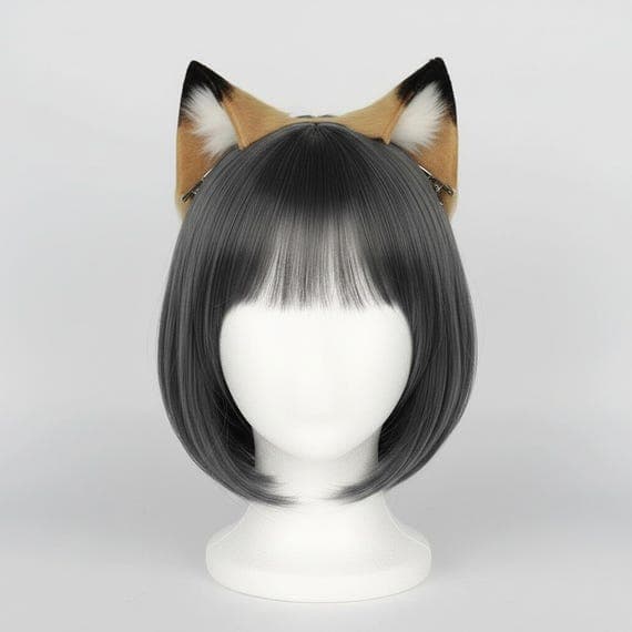 Front view of tawny brown faux fur lion ear hair clips on white mannequin head with cool dark grey bob wig. Two clip on lion ears secured into hair with alligator clips visible at base. Ears feature tawny brown fluffy fur body with black tips and white inner tufts. Animal costume safari outfit cosplay accessories animal accessories kids dress up dress up clothes stage costume role play theatrical performance costume. Professional studio catalog product photo on clean neutral grey background.