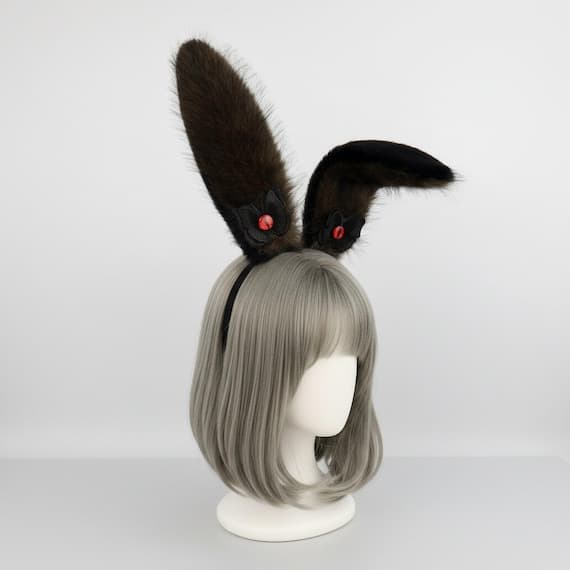 Devil eye bunny ears headband in coffee brown on mannequin head with styled wig, warm brown plush faux fur rabbit ears with embroidered amber reptilian devil eye and black wing accent at base, dark fantasy demon style gothic rabbit ear hair accessory for cosplay costumes anime conventions Halloween costume parties and goth dress-up, evil eye bunny ear headpiece ideal for photo shoots festival outfits and neutral tone dark costume accessories for women teens and gothic cosplay enthusiasts