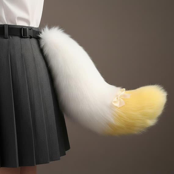 Side view of yellow and white two-tone faux fur fox tail clipped at waist on dark pleated skirt showing gentle C-curve shape with fluffy white body and soft yellow colored tip with decorative cream satin ribbon bow at color junction. Fox tail cosplay costume accessory kitsune therian prop on warm beige studio background. Plush polyester faux fur fox tail with adjustable belt strap for cosplay conventions anime halloween festivals. Fluffy pastel fox tail prop.