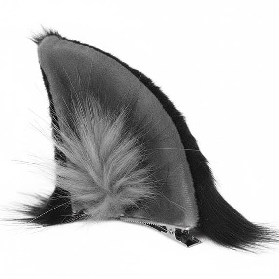Close up detail of single gray and black clip on wolf ear showing plush faux fur texture with fluffy grey inner tufts and black outer fur. Alligator hair clip mechanism visible at base. Macro detail photo of wolf ear cosplay accessory showing fur quality fiber direction and wispy fur edges. Realistic faux fur wolf ear clip with soft dense plush texture. Wolf costume accessory detail for halloween anime con cosplay therian