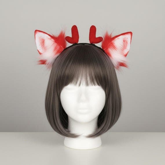 Red deer ears headband with antlers featuring pointed faux fur ears with white inner panels wispy red-pink fur tufts and two plush heart-shaped antler nubs on slim metal headband on mannequin head with bob wig, deer ears cosplay antlers reindeer ears fawn ears antler headband deer antler headband costume ears faux fur ears animal ears headband cosplay ears deer headband cosplay animal ears animal cosplay deer ear headband christmas ears against grey studio background