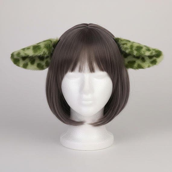 Plush sheep ear headband in olive green with darker green spotted polka dot pattern displayed on a styrofoam mannequin head. Wide floppy faux fur lamb ears droop outward on a slim black metal headband. Soft plush fur with irregular dot accents. Cosplay animal ears headband for conventions, Halloween, farm animal themed parties, and costume events. One size fits most.