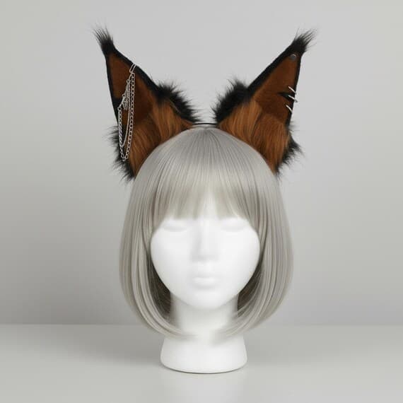 Brown and black punk wolf ear headband with silver chain and piercings on mannequin head. Plush faux fur wolf dog ears with warm brown inner fur and black outer fur with fluffy tufts. Gothic punk cosplay headband for halloween anime con therian kemonomimi.